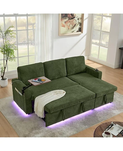 Maison Boucle Modern Chenille Upholstered Wood Pull-Out Sleeper with Led Lights, Usb Ports & Cup Holders Sofa Bed