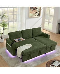 Maison Boucle Modern Chenille Upholstered Wood Pull-Out Sleeper with Led Lights, Usb Ports & Cup Holders Sofa Bed