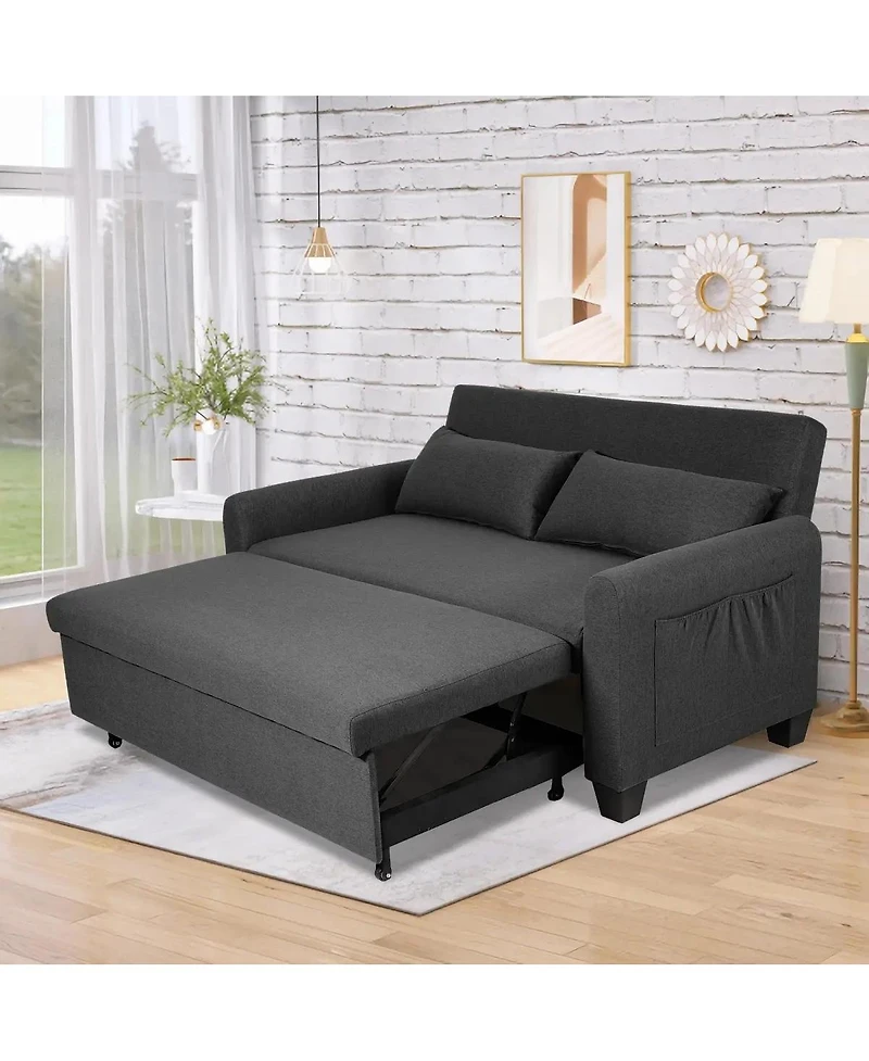 Maison Boucle 61-Inch Pull-Out Linen Sofa Bed with Extra-Wide Convertible Sleeper Loveseat, Storage Pocket & Wheels for Apartments and Guest Rooms