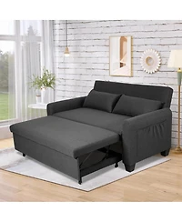 Maison Boucle 61-Inch Pull-Out Linen Sofa Bed with Extra-Wide Convertible Sleeper Loveseat, Storage Pocket & Wheels for Apartments and Guest Rooms