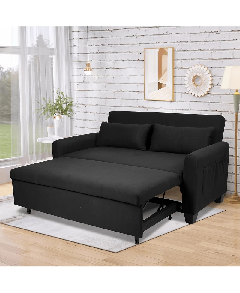 Maison Boucle 61-Inch Pull-Out Linen Sofa Bed with Extra-Wide Convertible Sleeper Loveseat, Storage Pocket & Wheels for Apartments and Guest Rooms