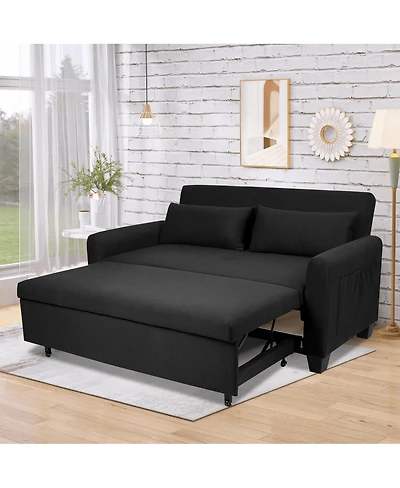 Maison Boucle 61-Inch Pull-Out Linen Sofa Bed with Extra-Wide Convertible Sleeper Loveseat, Storage Pocket & Wheels for Apartments and Guest Rooms