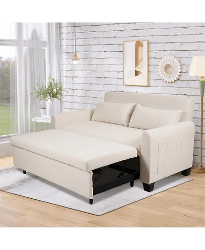 Maison Boucle 61" Pull-Out Linen Sofa Bed, Extra-Wide Convertible Sleeper Loveseat with Storage Pocket & Wheels for Apartments Guest Rooms-Maison Bo