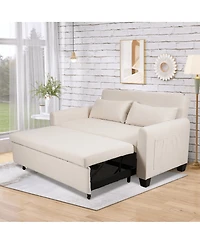 Maison Boucle 61" Pull-Out Linen Sofa Bed, Extra-Wide Convertible Sleeper Loveseat with Storage Pocket & Wheels for Apartments Guest Rooms-Maison Bo