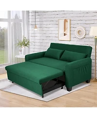 Maison Boucle 61-Inch Pull-Out Linen Sofa Bed with Extra-Wide Convertible Sleeper Loveseat, Storage Pocket & Wheels for Apartments and Guest Rooms