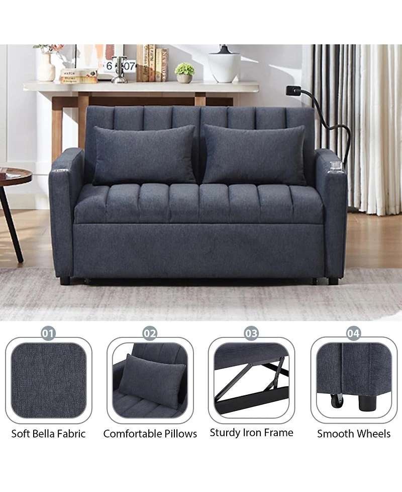 Maison Boucle 55.9" Pull Out Sofa Bed with Usb Ports, Cup Holders & Side Pockets, Adjustable Backrest Convertible Sleeper for Small Spaces-Maison Bouc