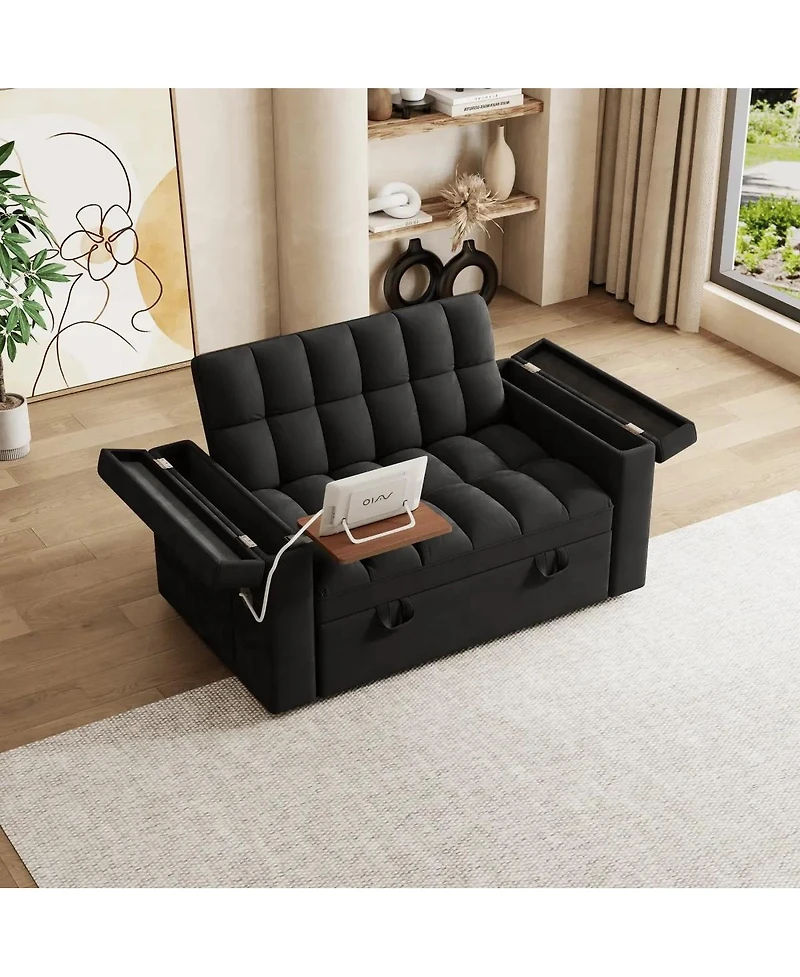 Maison Boucle 65" Pull-Out Sofa Bed with Desk & Usb, Velvet Convertible Sleeper Adjustable Backrest Storage for Small Apartments or Offices-Mai