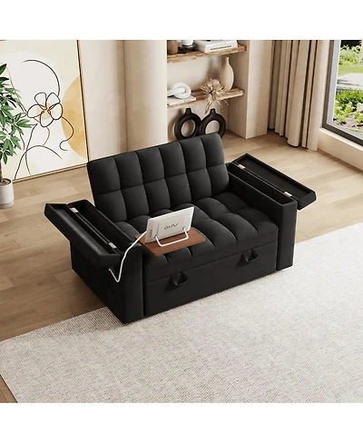 Maison Boucle 65" Pull-Out Sofa Bed with Desk & Usb, Velvet Convertible Sleeper Adjustable Backrest Storage for Small Apartments or Offices-Mai