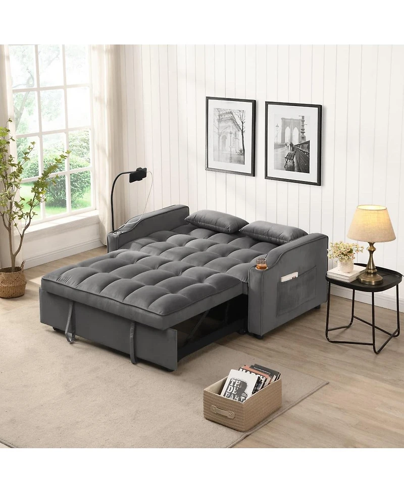 Maison Boucle 55.1" Velvet Pull Out Sofa Bed with Usb & Phone Stand, Convertible Loveseat Sleeper for Guest Room or Office-Maison