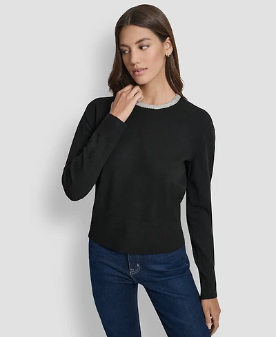 Dkny Jeans Petite Embellished Trim Sweater Top