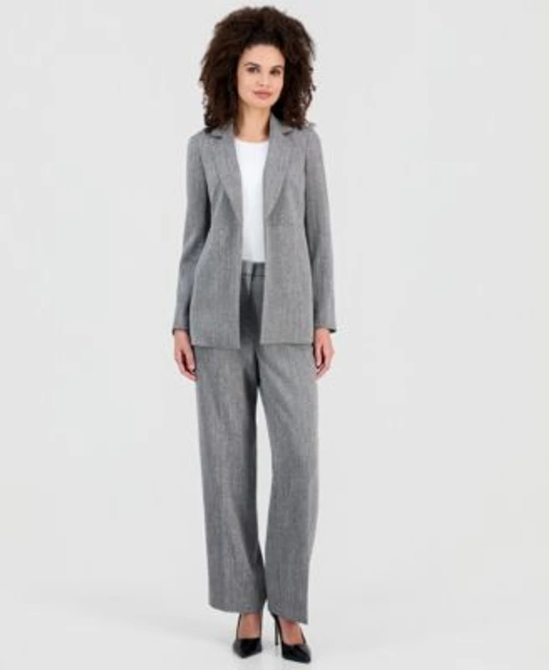 Anne Klein Womens Herringbone Open Front Blazer Herringbone Wide Leg Pants