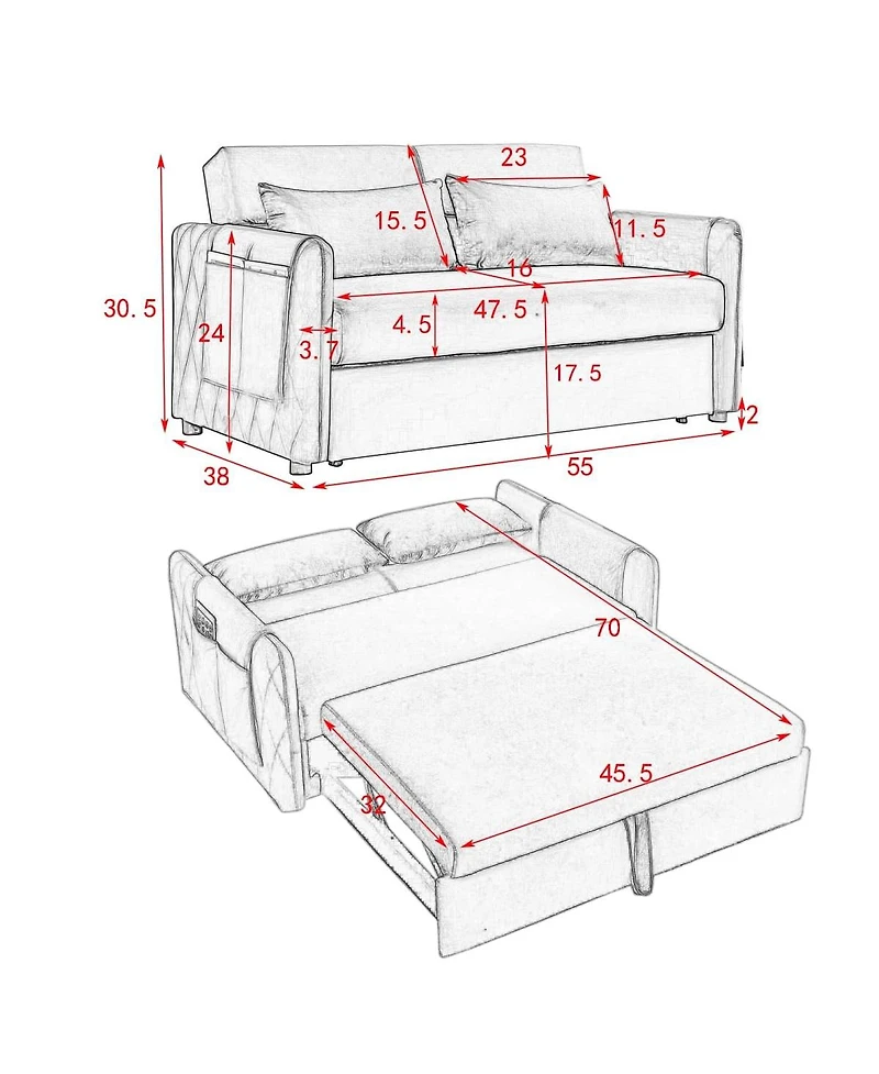 Maison Boucle 55" Velvet Sleeper Sofa with Pull-Out Bed, Reclining Backrest & Side Storage Pockets,Convertible Bed for Small Spaces-Maison B