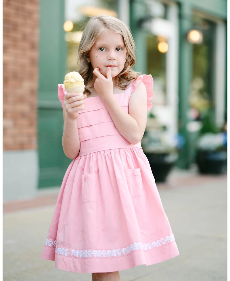 Hope & Henry Toddler Girls Pleated Flutter Sleeve Apron Dress with Embroidery