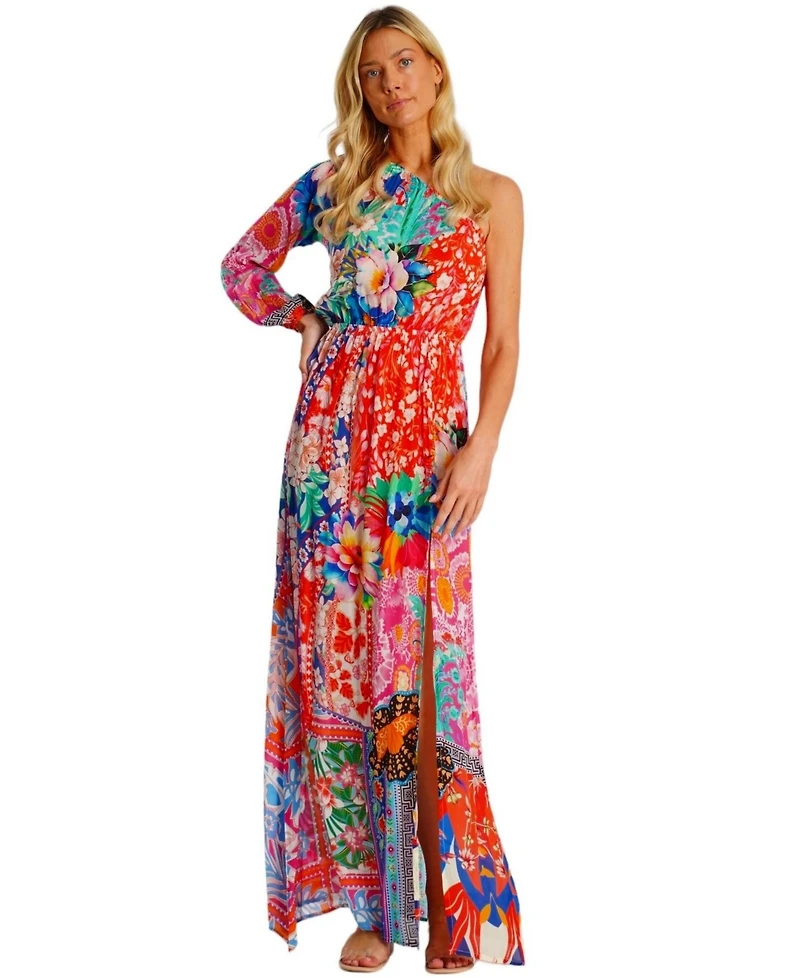 La Moda Clothing Women's Maxi One Shoulder Floral Dress