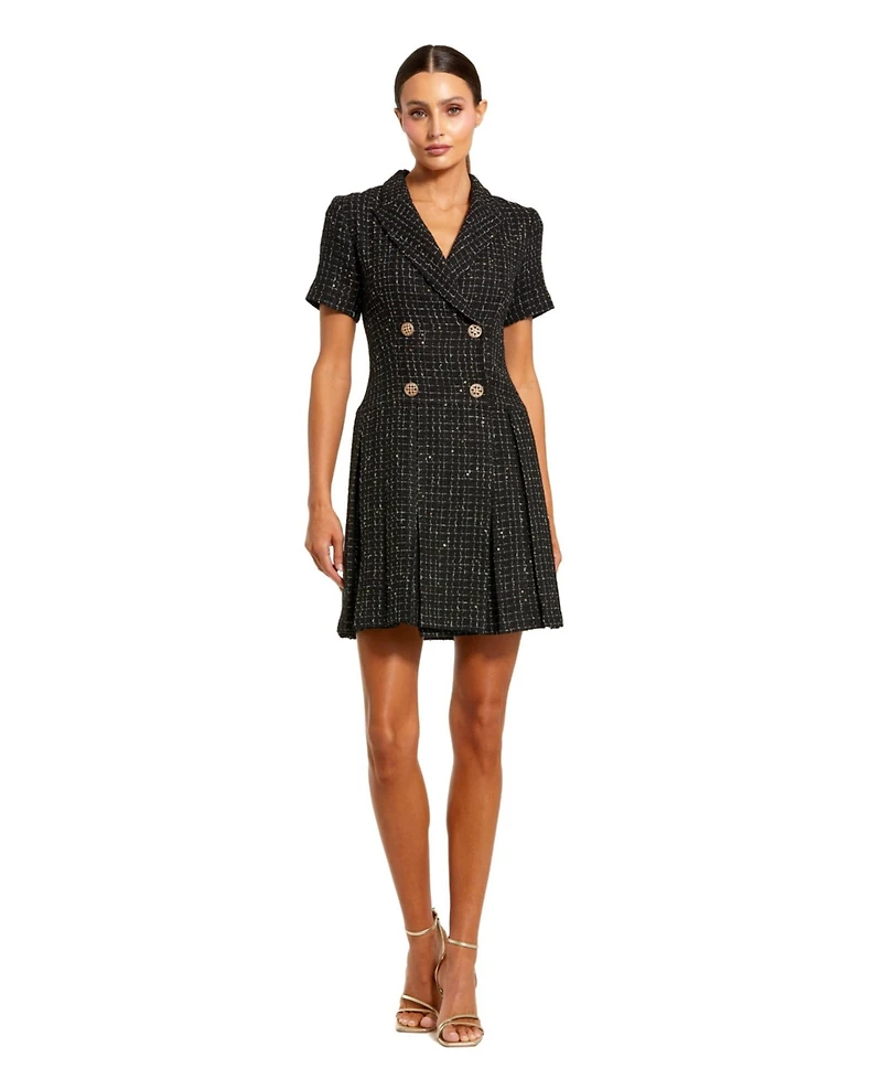 Mac Duggal Women's Short Sleeve V Neck Tweed Blazer Mini Dress
