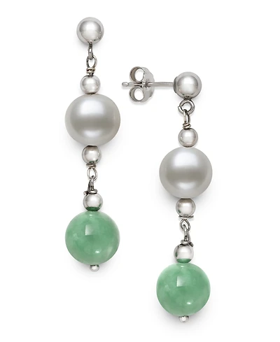Macy's Freshwater Pearl (7-8mm) and Dyed Green Jadeite (8mm) Drop Earrings in Sterling Silver