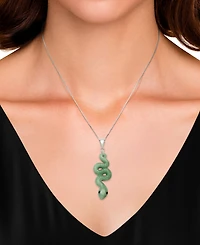 Macy's Dyed Green Jadeite Snake and Black Agate Eyes Pendant Necklace in Sterling Silver