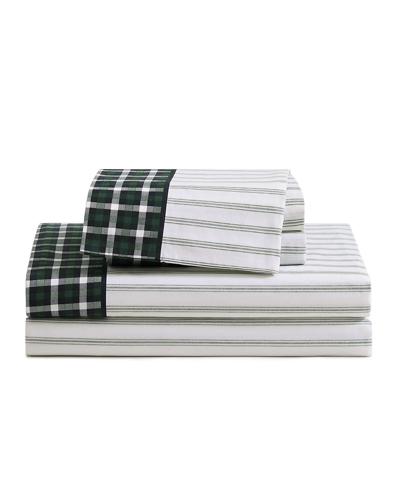 Tommy Hilfiger Cass Park Mix Check Stripe Contrast Hem 200-Thread Count Cotton -Pc. Sheet Set