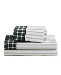 Tommy Hilfiger Cass Park Mix Check Stripe Contrast Hem 200-Thread Count Cotton -Pc. Sheet Set