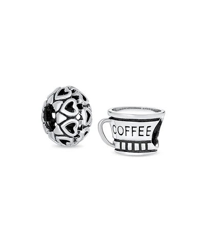 Bling Jewelry Set of 2 Latte Coffee & Open Filigree Heart Charm Bead Sterling Silver European Bracelet