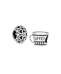 Bling Jewelry Set of 2 Latte Coffee & Open Filigree Heart Charm Bead Sterling Silver European Bracelet
