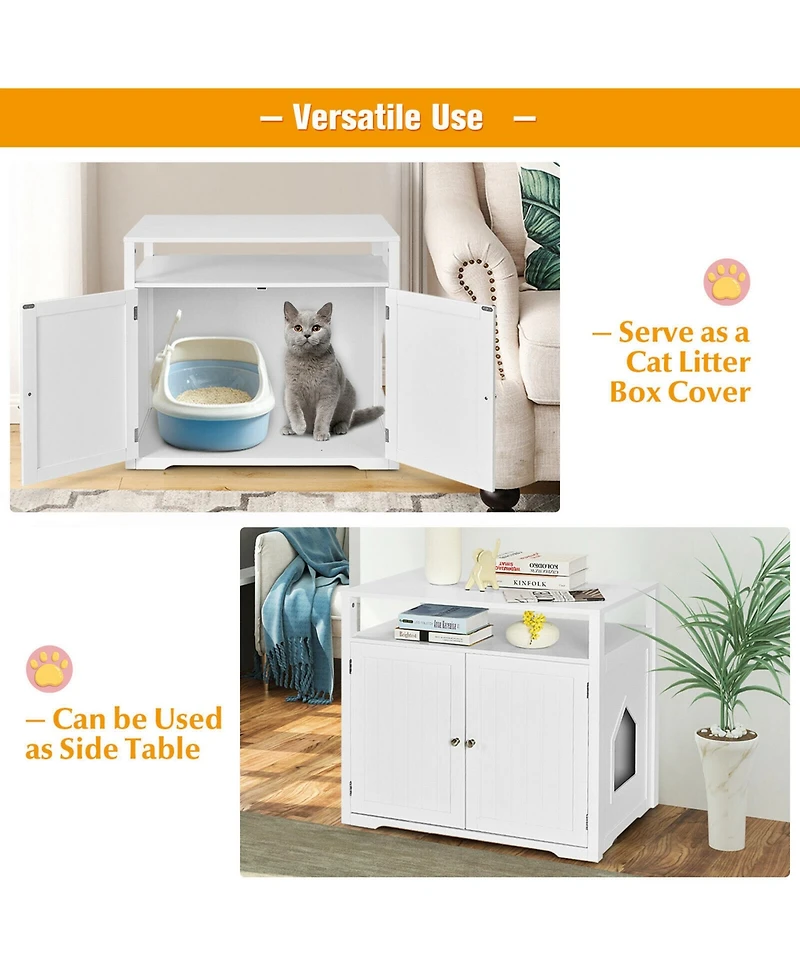Gymax Wooden Cat Litter Box Enclosure Hidden Cat Washroom w/ Storage Layer
