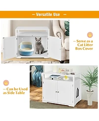 Gymax Wooden Cat Litter Box Enclosure Hidden Cat Washroom w/ Storage Layer