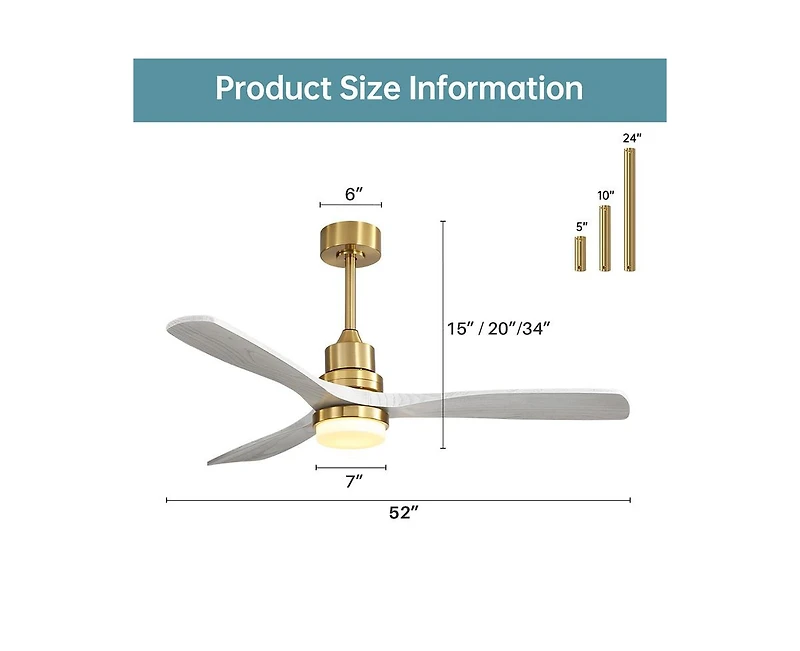 52-inch Modern Minimalist Golden 3 Blades Ceiling Fan with 3 color Dimmable and Memory Function Light and Remote control