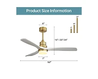 52-inch Modern Minimalist Golden 3 Blades Ceiling Fan with 3 color Dimmable and Memory Function Light and Remote control
