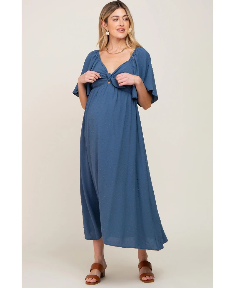 Pinkblush Maternity Navy Blue Textured Dot Front Tie Ruffle Sleeve Midi Dress