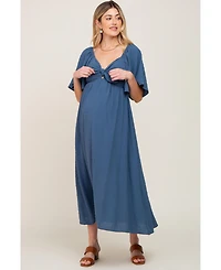 Pinkblush Maternity Navy Blue Textured Dot Front Tie Ruffle Sleeve Midi Dress