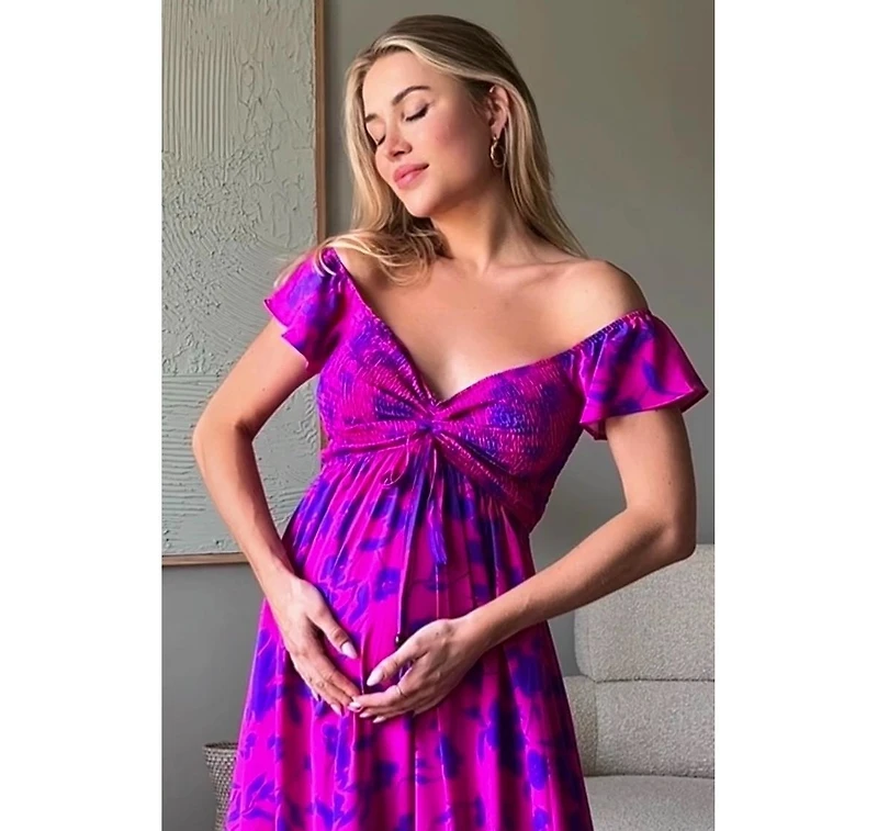 Pinkblush Maternity Magenta Floral Smocked Cinched Top Maxi Dress