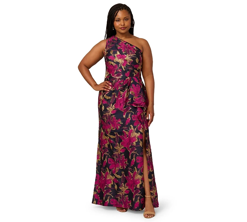 Adrianna Papell Plus Metallic Jacquard One-Shoulder Long Dress