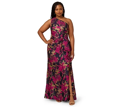 Adrianna Papell Plus Metallic Jacquard One-Shoulder Long Dress