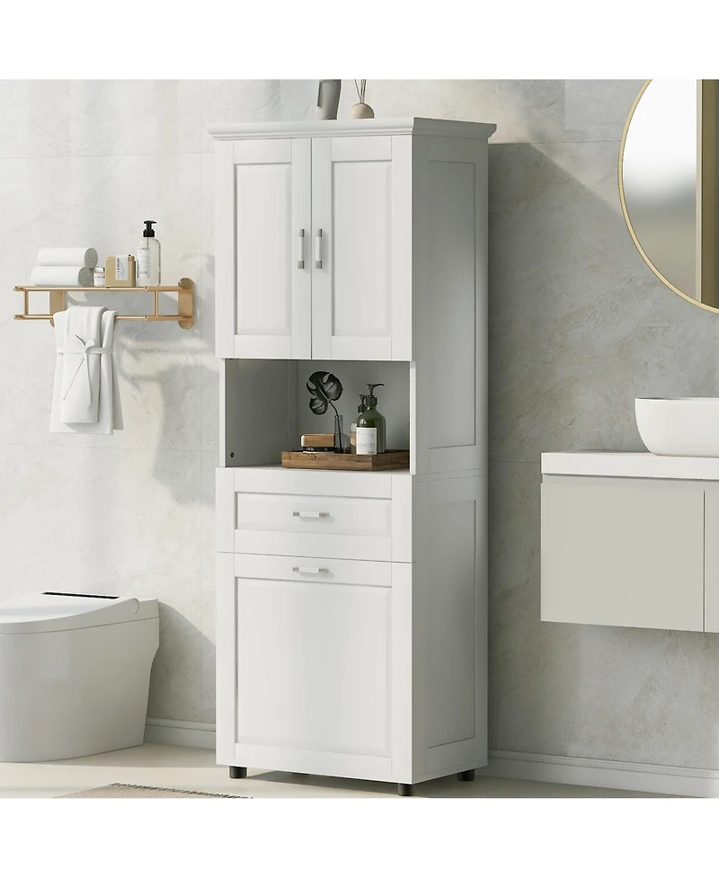 Casainc Tall Bathroom Cabinet with Laundry Basket, Tilt-Out Hamper and Upper Storage