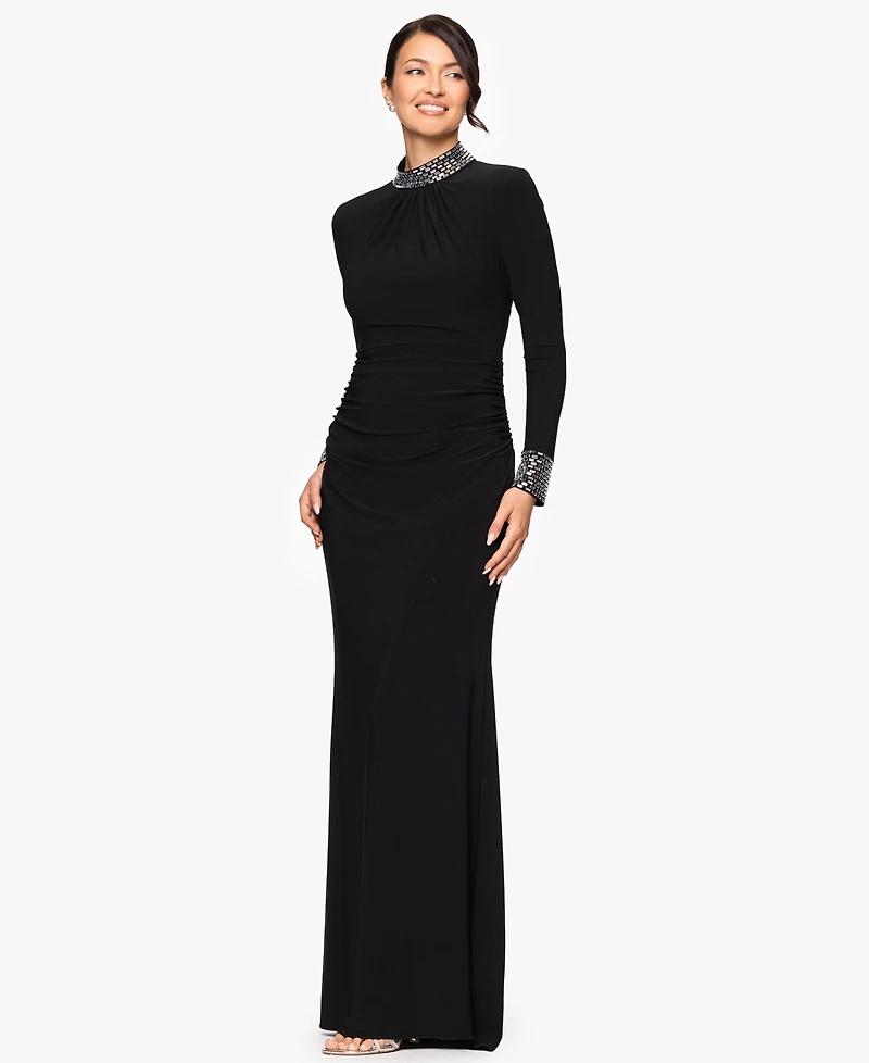 Betsy & Adam Women's Long Sleeve Mock Neck Gown