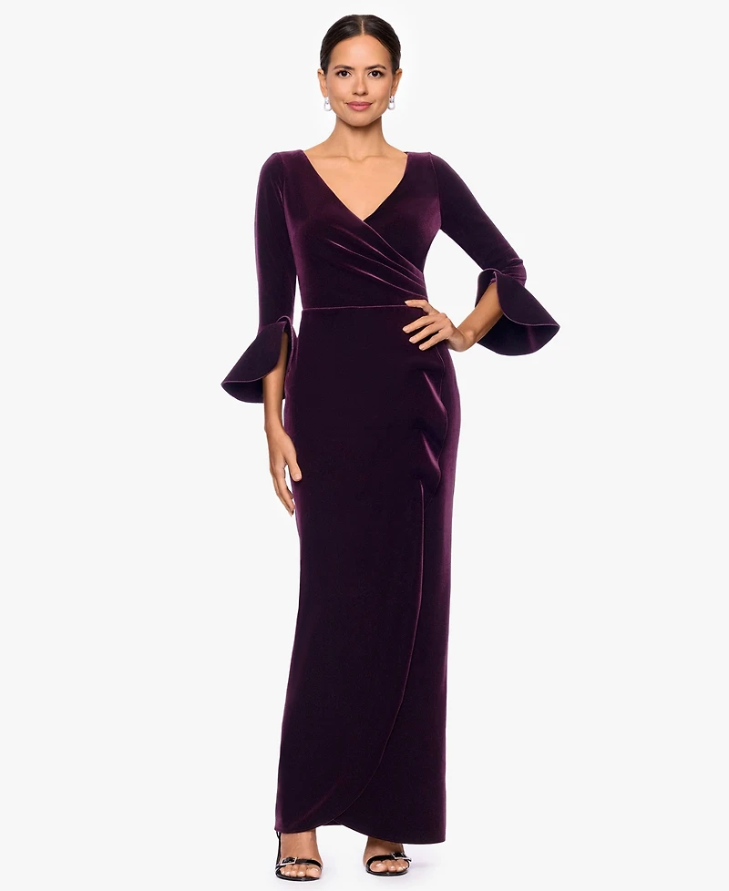 Betsy & Adam Women's Velvet Long Sleeve V-Neck Gown
