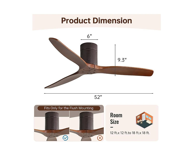 52-inch Modern Brown 3-Blade Flush Mount Fans Supports Remote Control 6-Speed Arbitrary Adjustment and Timing Function