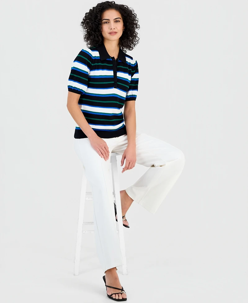 T Tahari Women's Striped Elbow-Sleeve Polo Shirt