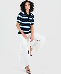 T Tahari Women's Striped Elbow-Sleeve Polo Shirt