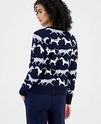 T Tahari Women's Dog Jacquard Crewneck Sweater