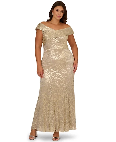 Adrianna Papell Women's Foil Leaf Mermaid Gown