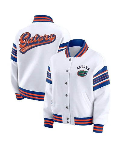 Wear by Erin Andrews Women's White/Royal Florida Gators Satin Stitch Full-Snap Fleece Sweatshirt Jacket
