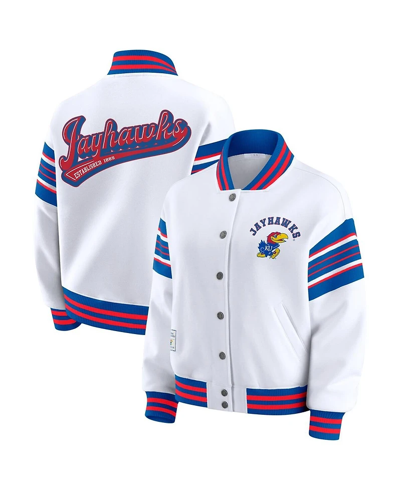 Wear by Erin Andrews Women's White/Royal Kansas Jayhawks Satin Stitch Full-Snap Fleece Sweatshirt Jacket