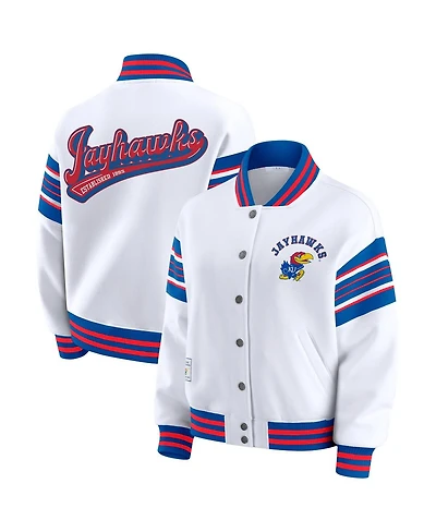 Wear by Erin Andrews Women's White/Royal Kansas Jayhawks Satin Stitch Full-Snap Fleece Sweatshirt Jacket