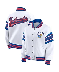 Wear by Erin Andrews Women's White/Royal Kansas Jayhawks Satin Stitch Full-Snap Fleece Sweatshirt Jacket