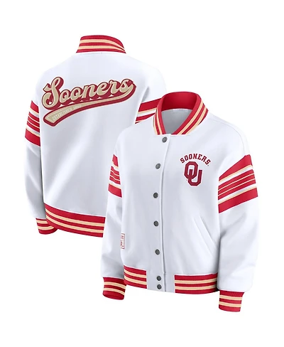 Wear by Erin Andrews Women's White/Crimson Oklahoma Sooners Satin Stitch Full-Snap Fleece Sweatshirt Jacket