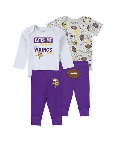 Wear by Erin Andrews Baby Boys and Girls Newborn 3-Piece Minnesota Vikings Turn Me Around Bodysuits Pant Set