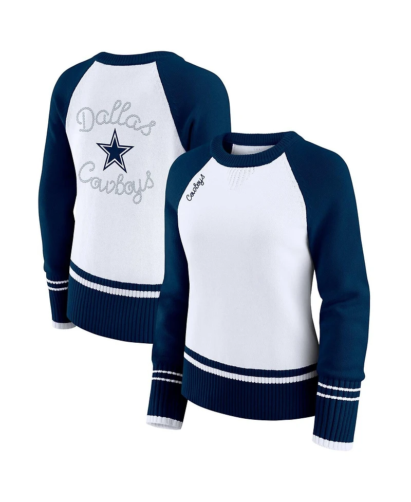 Wear by Erin Andrews Women's White/Navy Dallas Cowboys Color Block Raglan Sweater