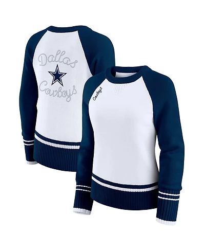 Wear by Erin Andrews Women's White/Navy Dallas Cowboys Color Block Raglan Sweater